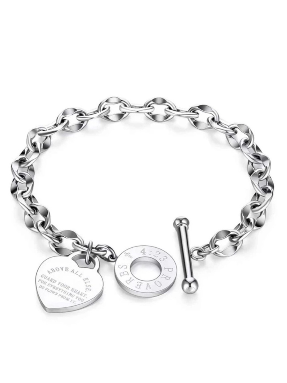 Silver Heart and Disc Toggle Chain Bracelet - Women Jewelry